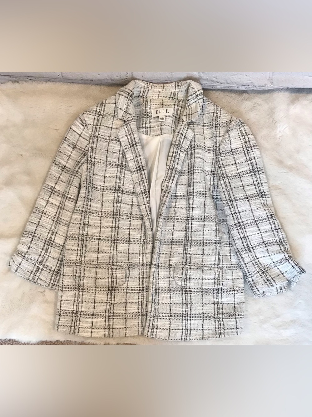 Elle Plaid Tweed 3/4 Sleeve Blazer size Small